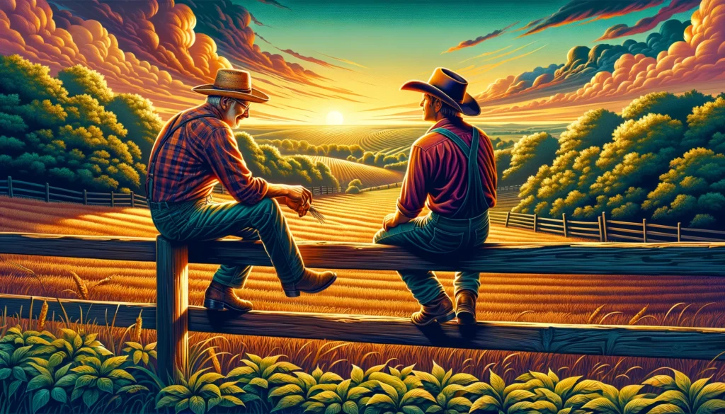 Ranch Rest - A vivid and detailed wide illustration showing a farmer and a cowboy enjoying a moment of rest and relaxation. The scene is set in a peaceful countrys (2)